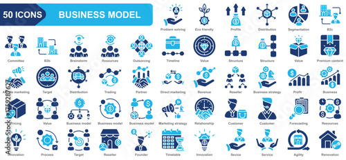 Business model collection icon set. Problem solving, Profits, Distribution, Segmentation, Comittee, Brainstorm, Resources, Value, structure. Simple flat vector.