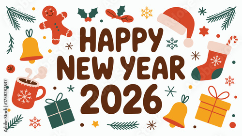 Happy New Year 2026 Illustration with Gingerbread Man, Gifts, Bell, Holiday Decorations, and Winter Elements