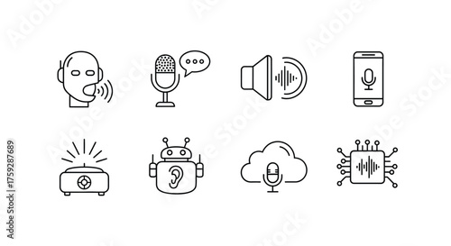 Collection of hand drawn icons representing speech recognition and digital assistants for modern technology vector
