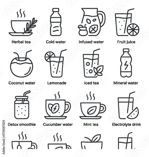 Beverage icons: herbal tea, infused water, fruit juices, coconut, lemonade, iced tea