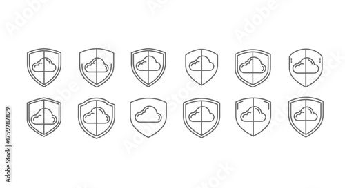 Collection of shield icons with cloud and network elements representing cybersecurity and data protection vector