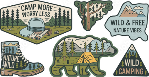 Nature-themed sticker collection with camping, mountains, wildlife, and motivational nature quotes in vintage frame style for outdoor lovers