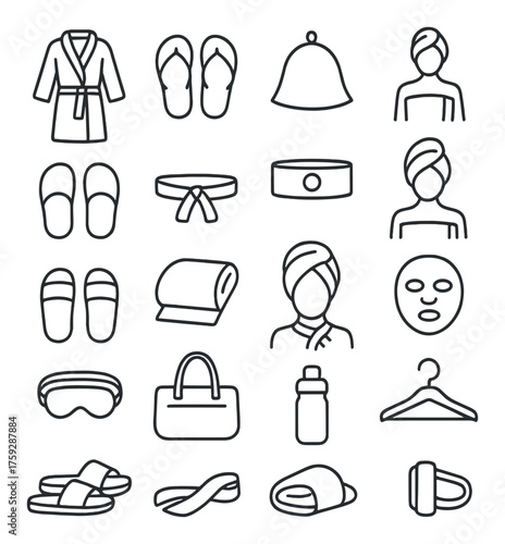 Spa and relaxation icon set featuring robe, flip-flops, face mask, and towels