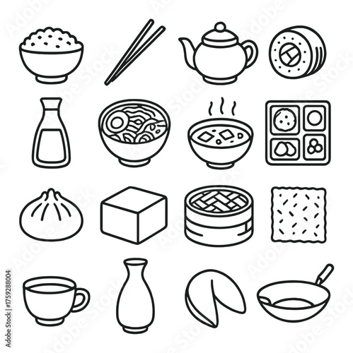 Assorted asian cuisine icons featuring dumplings, teapot, noodles, and fortune cookie