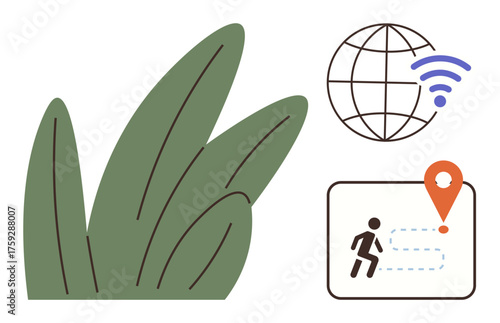 Green foliage, a globe with wireless signal, and a hiking route map with a location pin. Ideal for adventure, navigation, technology, exploration, travel connectivity outdoor activities. Simple