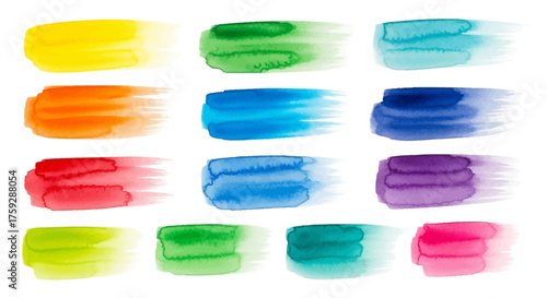 Vibrant Watercolor Strokes Showcasing a Spectrum of Bright Colors and Artistic Brushwork Across a Clean White Background