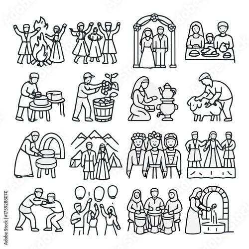 Traditional celebration scenes with diverse cultural activities and festive gatherings