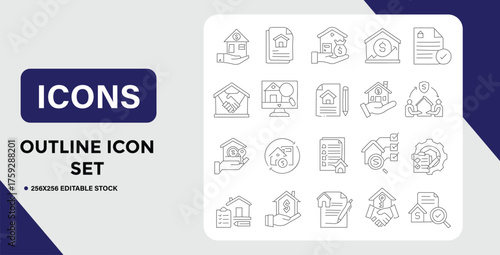 Real Estate Outline Icon Set Property Finance Contracts and Home Ownership
