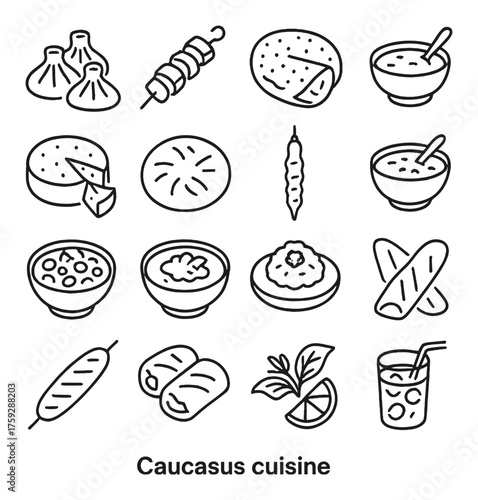 Traditional caucasus cuisine icons featuring dumplings and flatbreads