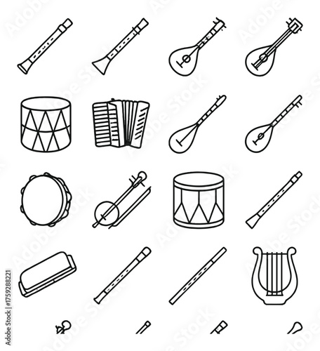 Musical instrument pattern featuring drums, flutes, and lutes