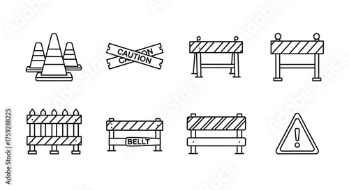 Set of construction traffic safety cones and barriers for road work and hazard warning signs vector