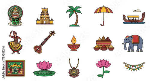 Vector icon set inspired by Kerala culture and traditions, featuring festive heritage art, temple rituals, dance, nature, and celebration in ornate colorful palette with cultural Indian aesthetic