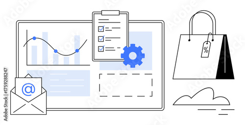 Chart with analytics, gear for settings, email envelope, checklist clipboard, and shopping bag with tag. Ideal for business strategy, e-commerce, productivity, marketing data management retail