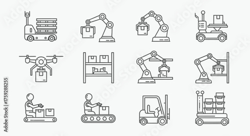 Industrial automation icons set factory robots drones forklifts automated vehicles logistics vector