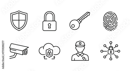 Hand drawn security icons set featuring shield lock key fingerprint camera cloud guard network vector