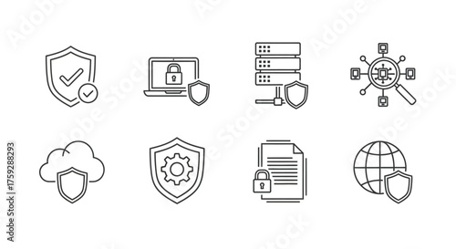 Collection of cybersecurity icons representing data protection cloud security and network privacy vector