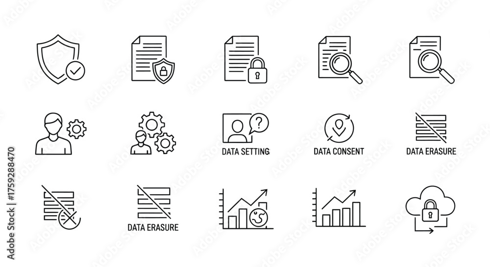 Fototapeta premium Collection of hand-drawn icons representing data security cloud storage analytics and business concepts vector