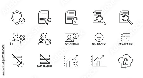 Collection of hand-drawn icons representing data security cloud storage analytics and business concepts vector