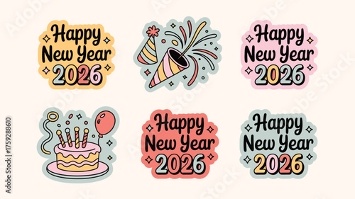 Illustrated Happy New Year 2026 Stickers with Cake, Party Popper, and Decorative Text Elements