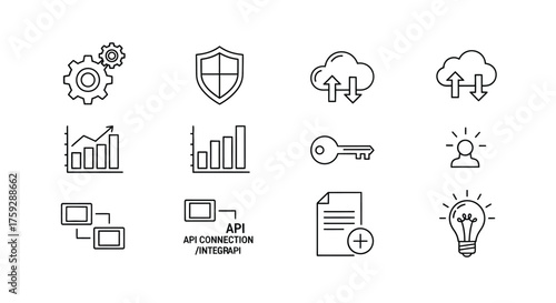 Set of thin line technology icons featuring cloud data security analytics and innovation concepts vector