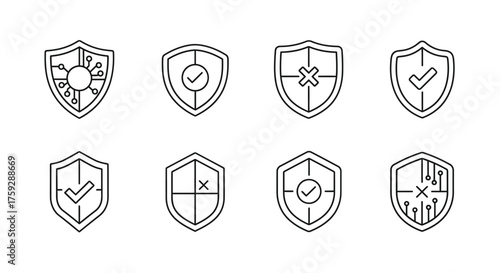 Set of eight security shield icons with checkmarks and abstract patterns representing protection vector