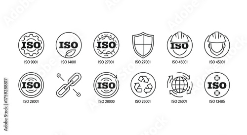 Collection of iso certification icons and quality standards badges for business and industry vector