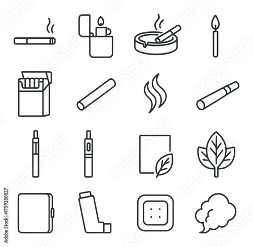 Outline icons of various smoking products and accessories on gray background