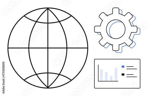 Globe grid symbolizing global connectivity, gear for settings or technology, and data chart for analytics. Ideal for technology, connectivity, management, analytics, workflow, optimization digital