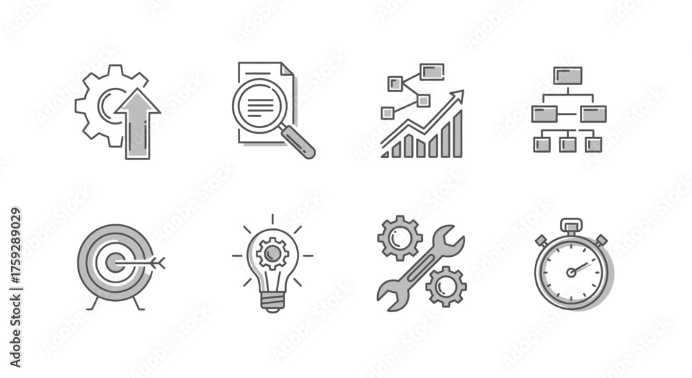 Fototapeta premium Business process icons set for growth analysis strategy workflow and innovation management vector