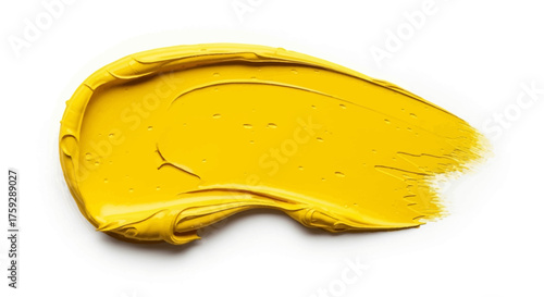 A thick and vibrant brushstroke of bright yellow oil paint captured on a stark white background showcasing its rich texture and smooth application