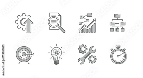 Business process icons set for growth analysis strategy workflow and innovation management vector