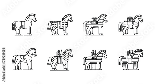 Collection of eight stylized horse designs featuring traditional equestrian outfits and ornate tack vector