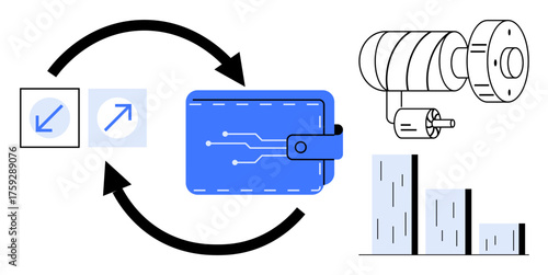 Arrows connecting data icons and digital wallet, mechanical automation gear, and bar chart showcasing growth. Ideal for fintech, automation, digital payment, data flow, innovation, scalability