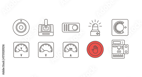 Set of hand drawn industrial control buttons gauges switches and warning lights iconography vector