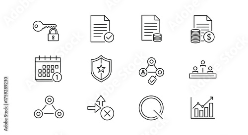 Set of business icons representing finance security growth and collaboration hand drawn style vector