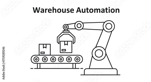 Robotic arm automating warehouse operations with conveyor belt and boxes vector