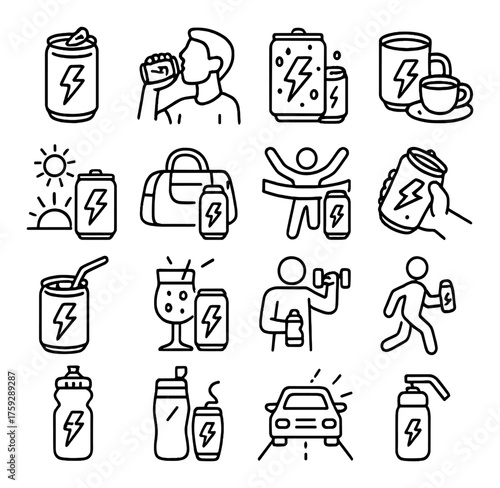 Energy drink icons: beverages, bottles, cans, fitness, charging, refreshment