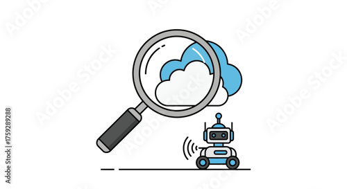 Cloud computing search robot magnifying glass exploring digital data and technology concepts vector