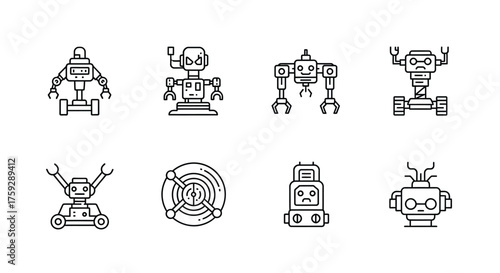 Collection of diverse hand-drawn robot icons representing automation and future technology vector