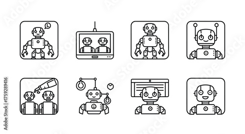Collection of hand drawn robot icons for technology and future themed projects vector
