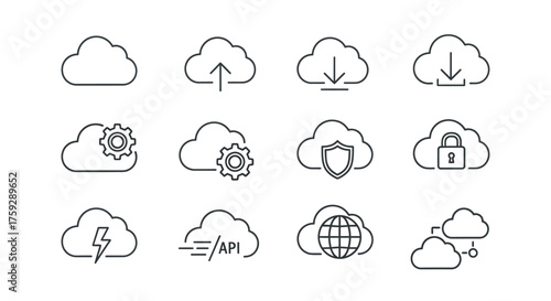 Set of cloud computing icons with various symbols for data upload download security and networking concepts vector