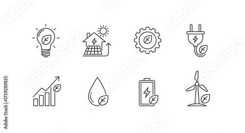 Collection of hand-drawn icons representing renewable energy sources and sustainability concepts vector
