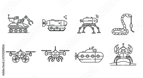 Collection of industrial construction and scientific exploration vehicle icons for modern technology applications vector
