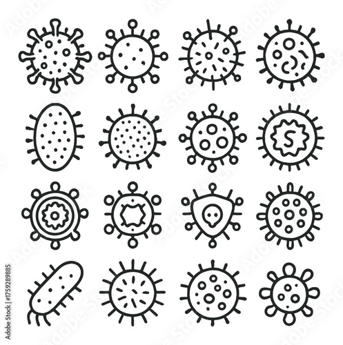 Various doodled virus icons on brown background with circular and oval shapes
