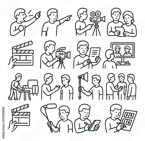 Cartoon characters in filmmaking scenes with diverse actions and equipment