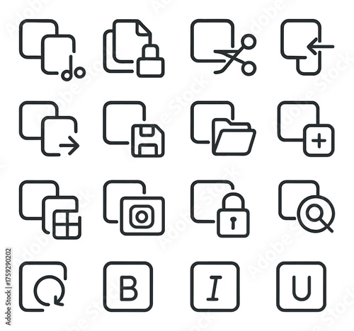 Minimalist interface icons for file management and editing tools