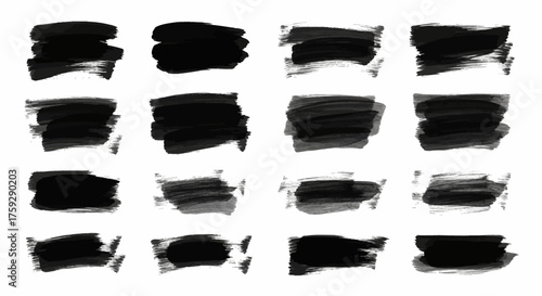 Collection of eighteen abstract black brush stroke elements for graphic design and artistic projects illustrating textured paint marks