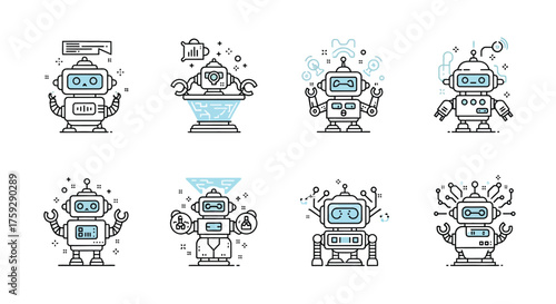 Collection of retro and futuristic robot icons for technology and sci-fi projects vector