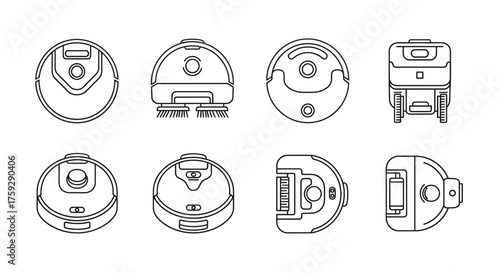Robotic vacuum cleaner line art showing multiple views and designs modern smart home appliance vector