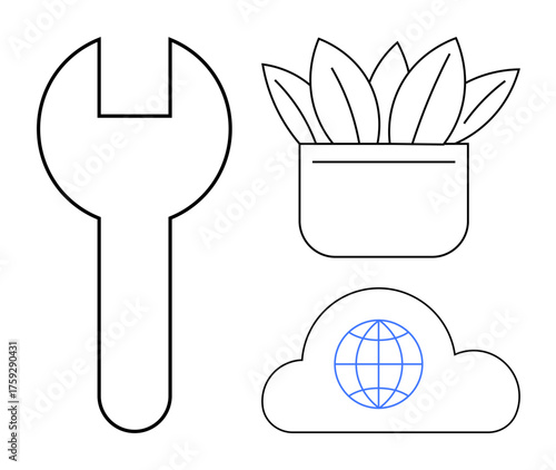 Minimalist design with a wrench, potted plant, and cloud with globe. Ideal for innovation, growth, eco-consciousness, technology, global outreach problem-solving and sustainability. Simple flat